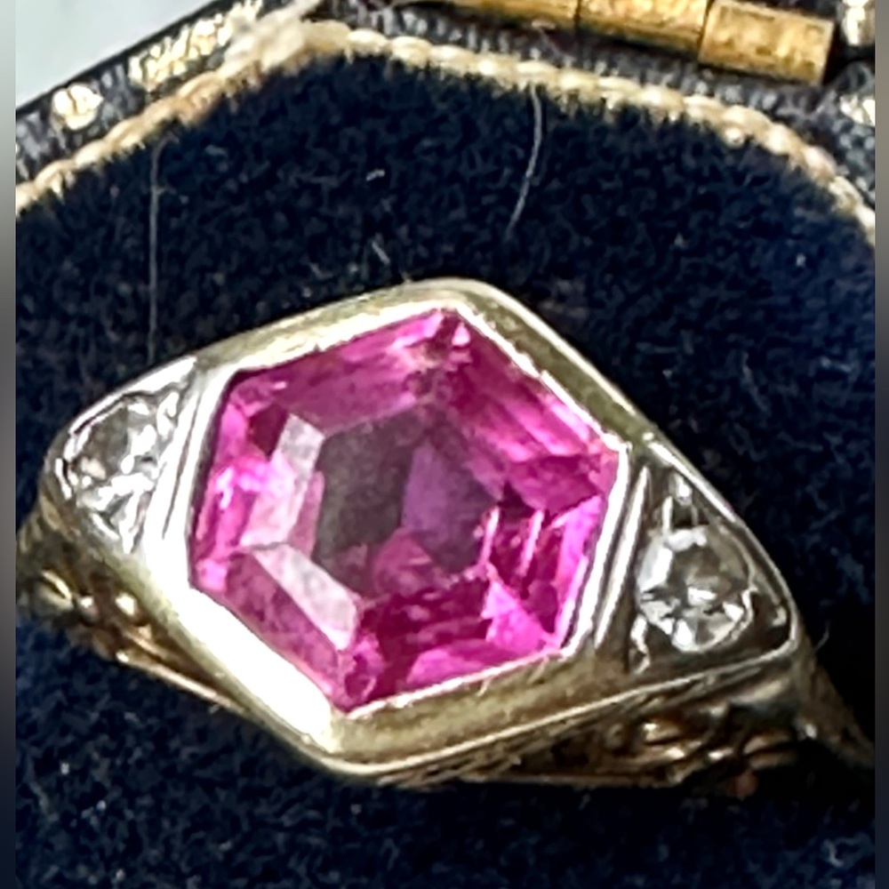 Pink Sapphire and Diamond Vintage Estate Ring solid 14k YG LESS ON E. BAY
